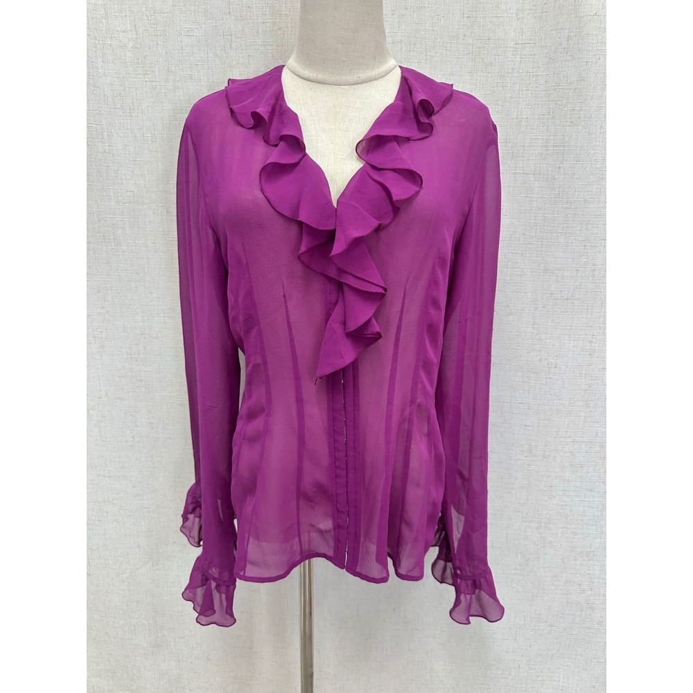 Moda International 100% Silk Ruffle Hook& Eye Purple Blouse Size Medium Y2K